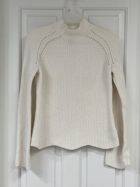 Cynthia Rowley Ivory Mock Neck Cotton Ribbed Knit Scalloped Hem Sweater XS